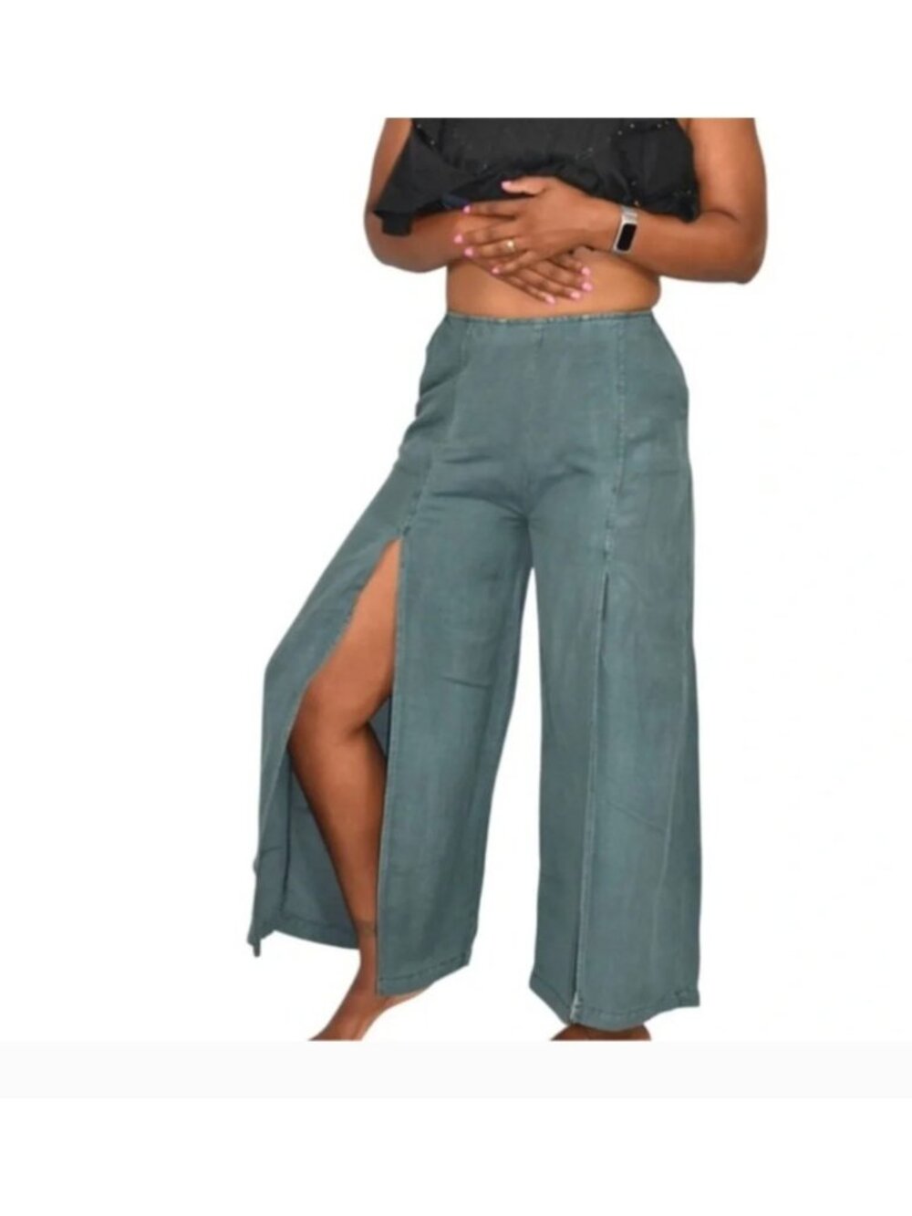 Young Fabulous & Broke YFB Teal Linen Blend Wide Leg Palazzo Pants Slit Hem L